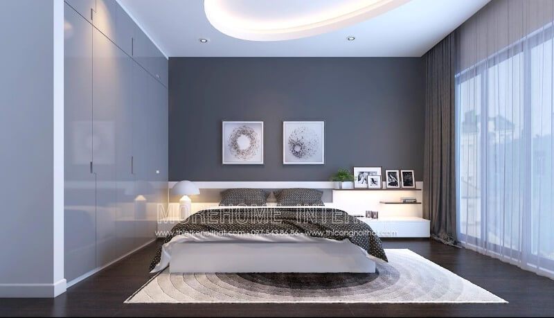 Giường ngủ hiện đại dành cho 2 người với tone màu trắng chủ đạo gợi cảm giác cơi nới và thông thoáng hơn