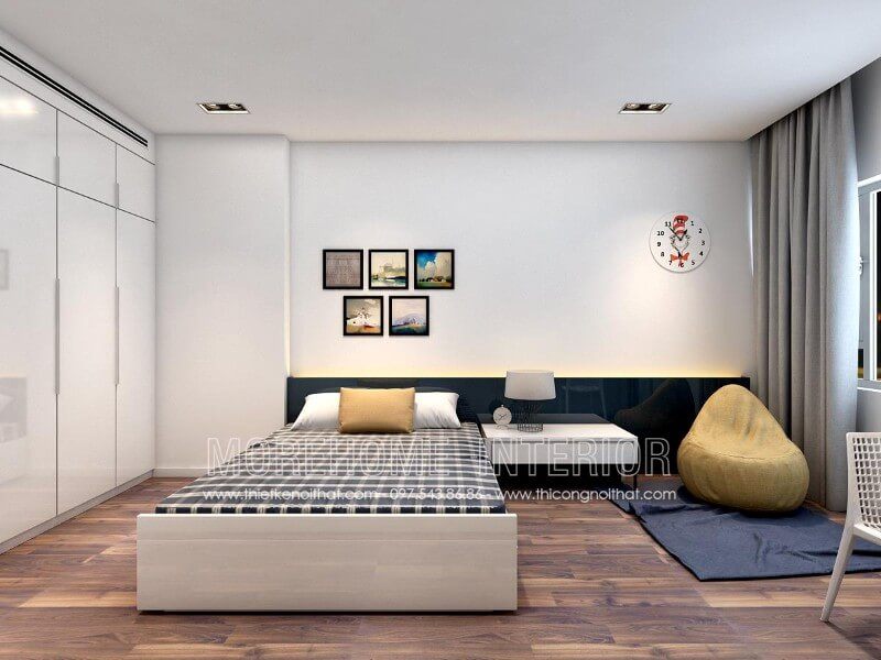 Giường ngủ gỗ Acrylic màu trắng với gam màu trắng chủ đạo gợi nên cảm giác cơi nới cho khu vực phòng ngủ nhỏ như chung cư, nhà phố